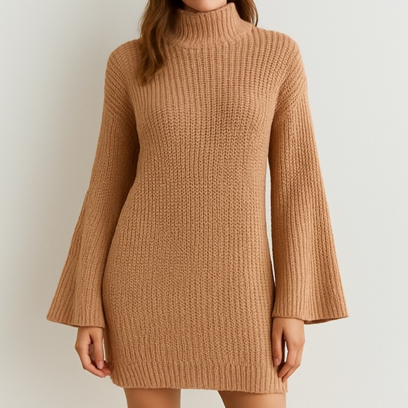 Boohoo Made in UK Dress Camel Knit Sweater Dress Long Sleeve Turtleneck Size S/M
